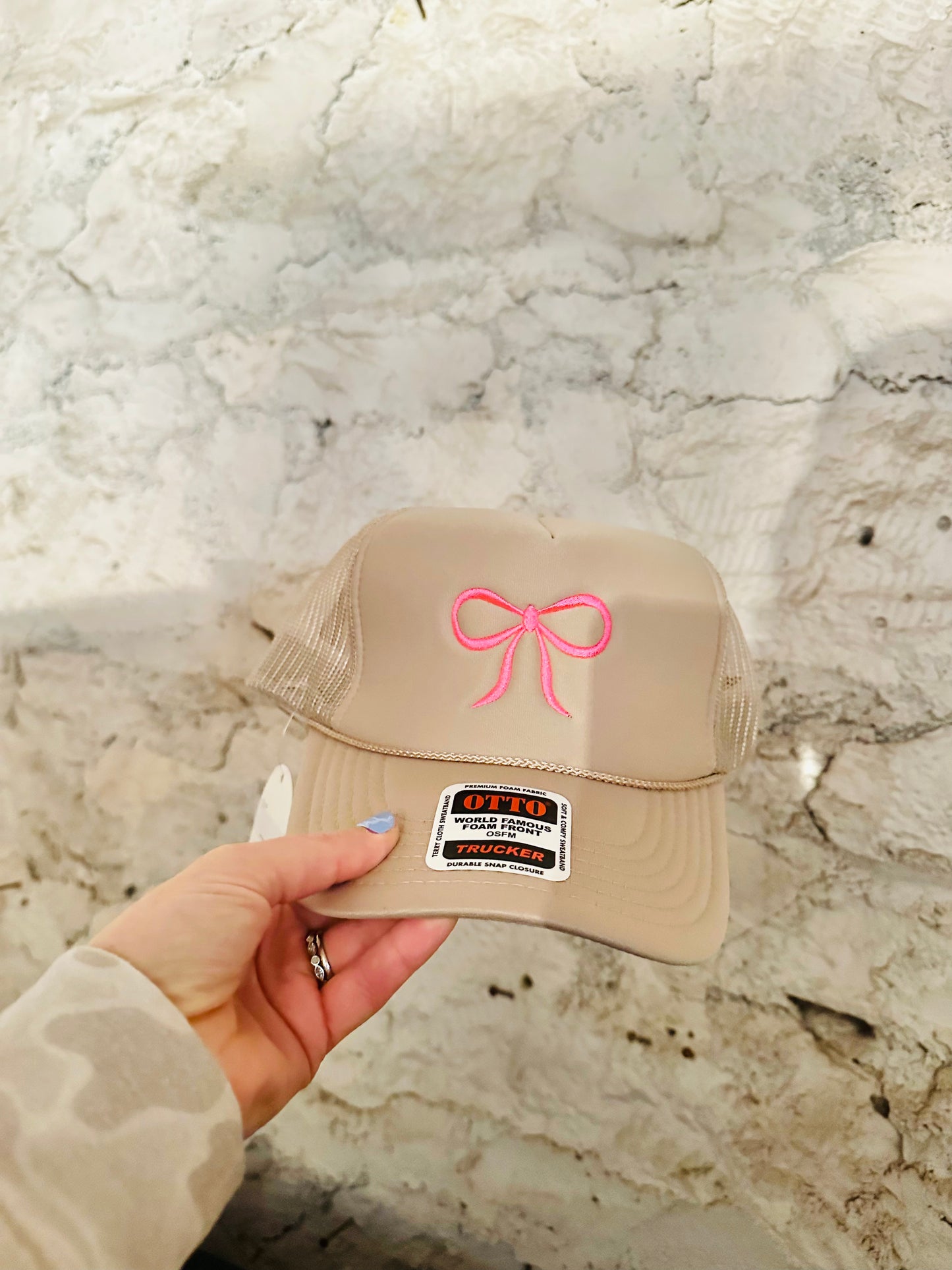 Hot Pink Coquette Embroidered Bow on Beige Hat