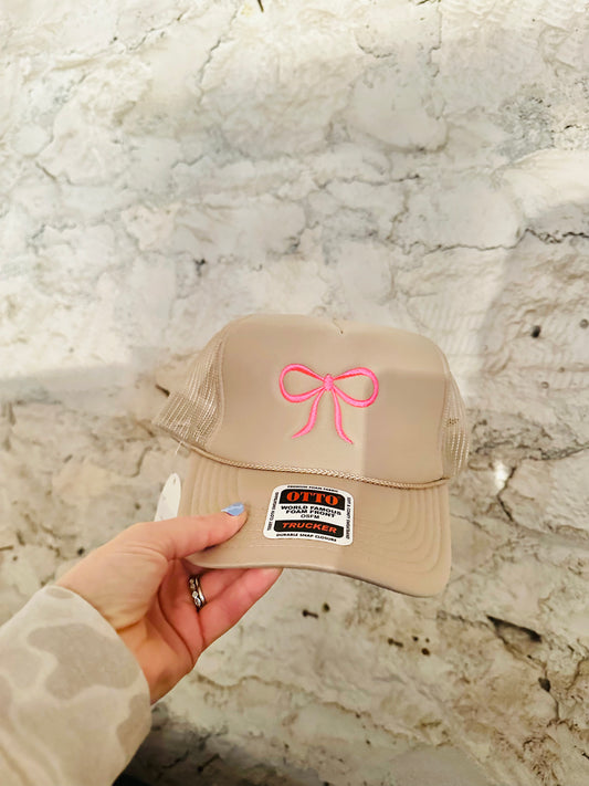 Hot Pink Coquette Embroidered Bow on Beige Hat