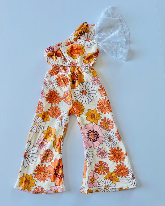 Retro Floral One Shoulder Lace Sleeve Romper RTS