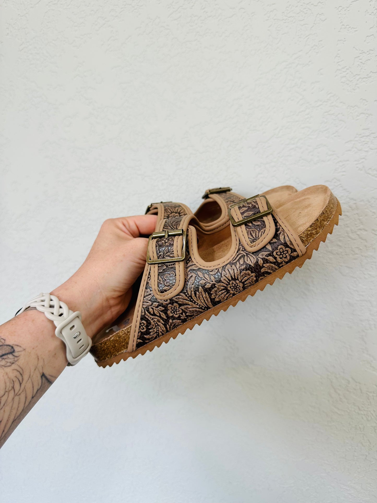 Viral Tambra Tooled Leather Double Buckle Slides - RTS