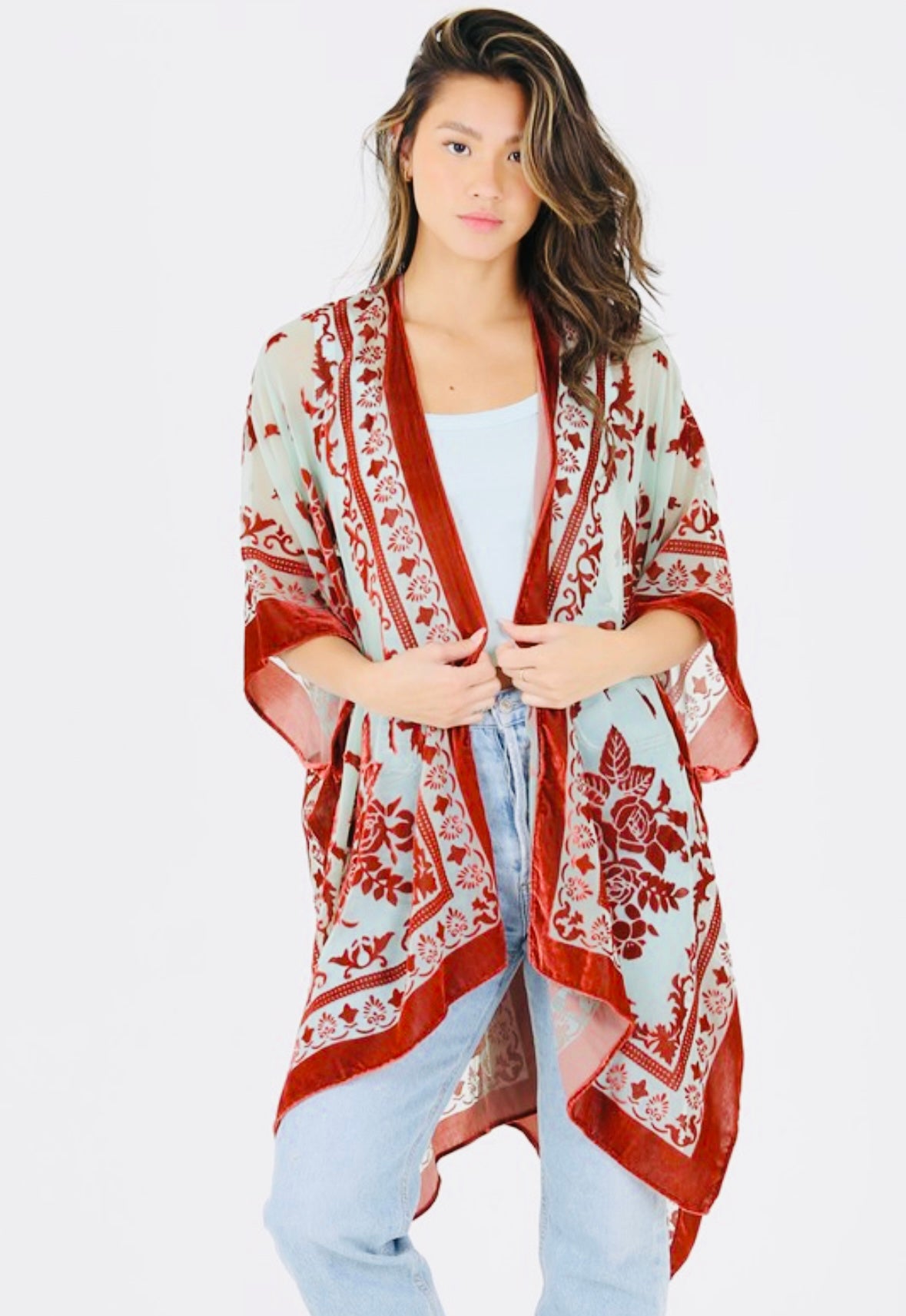 Rust Turquoise Velvet Lace Burnout Kimono / Duster - One Size