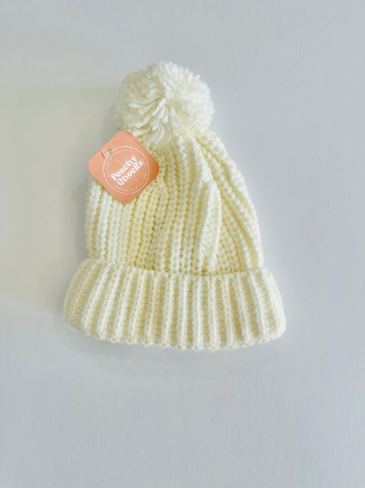 Ivory Knitted Pom Pom Beanie Girls