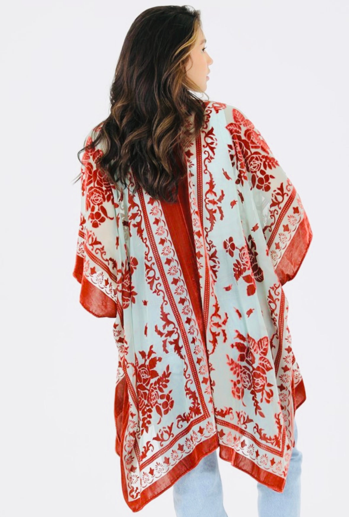 Rust Turquoise Velvet Lace Burnout Kimono / Duster - One Size