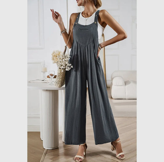Charcoal Boho Wide Leg Overall Jumpsuit RTS