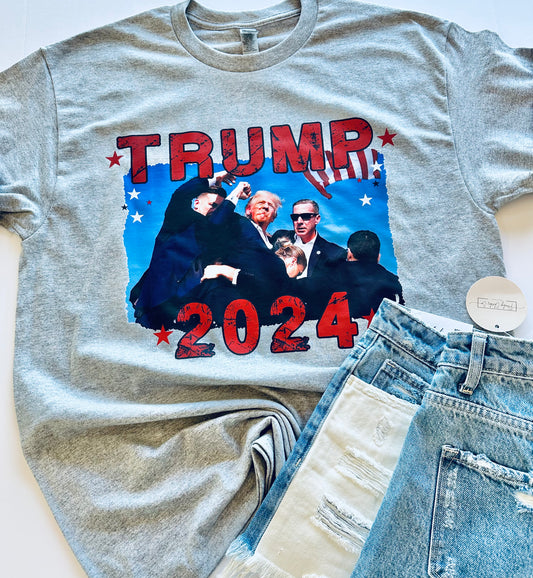 Trump 2024 Sport Gray Gildan Tee Large