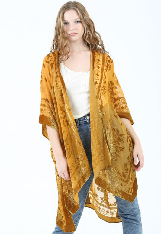 Mustard Velvet Lace Burnout Kimono / Duster - One Size