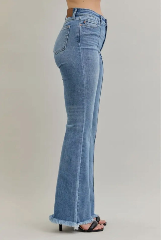 Judy Blue High Waist Flare Front Pintuck Detail & Fray Hem - RTS