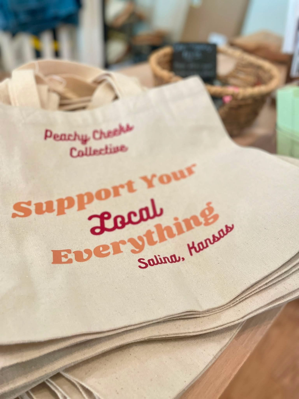 Peachy Cheeks Shop Local Salina Kansas Canvas Tote Bags