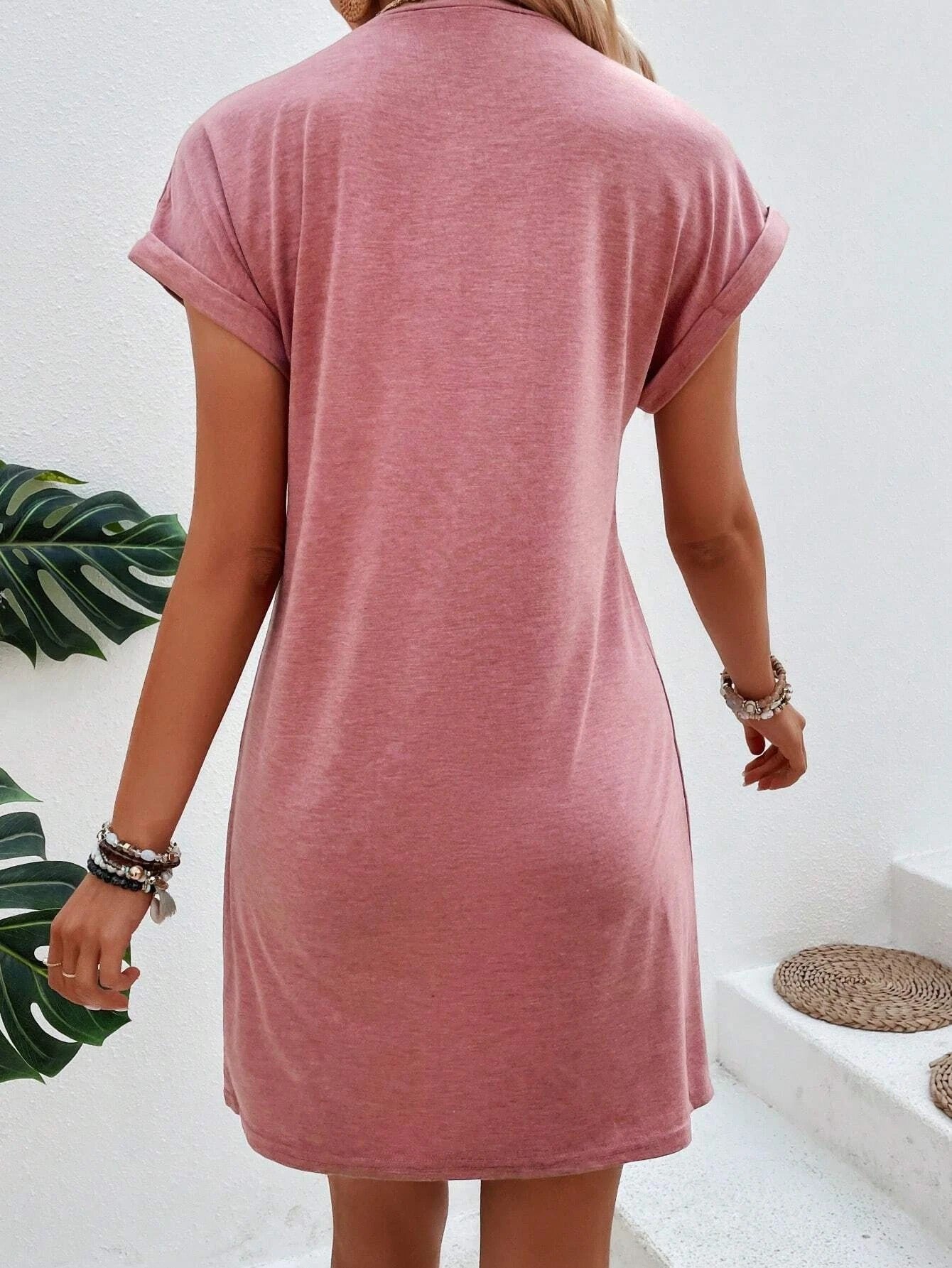 Center Seam Rolled Cuff T-Shirt Dress