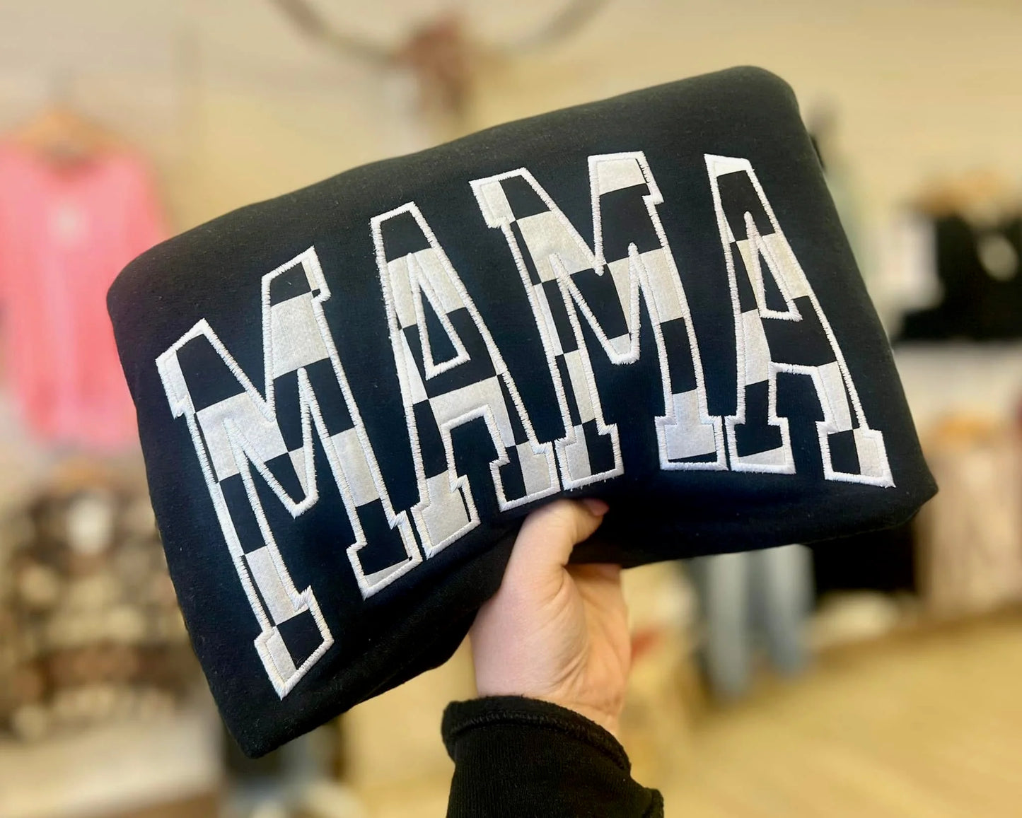 Embroidered Check Mama Crew