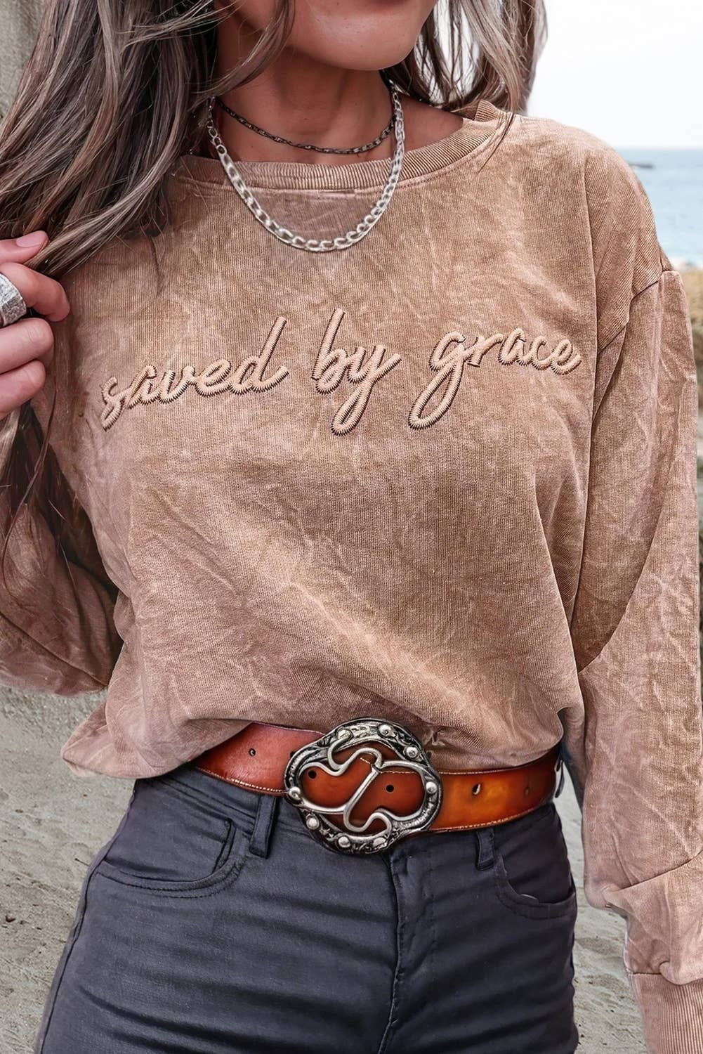 Saved By Grace Embroidered Mineral Wash Crew RTS