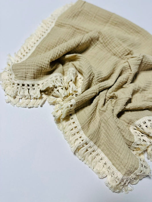 Sandy Muslin Swaddle Blanket With Boho Trim RTS