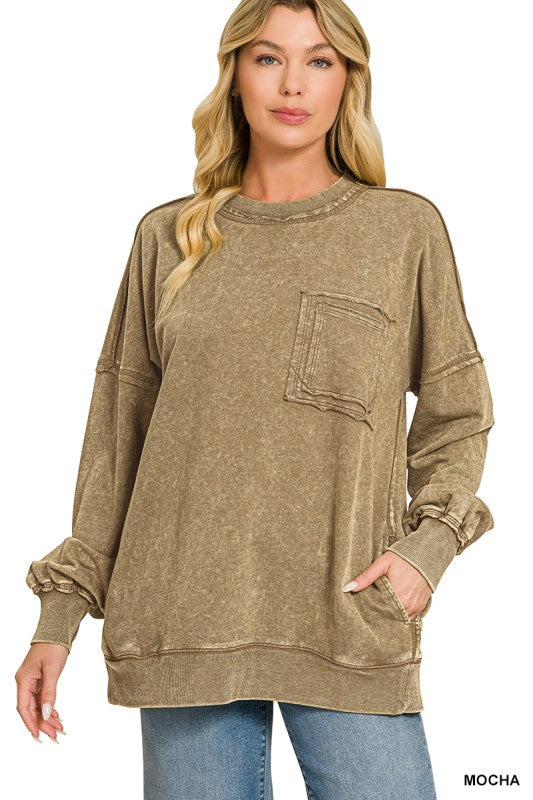 Mocha On-The-Run + Pocket Stone Washed Pullover