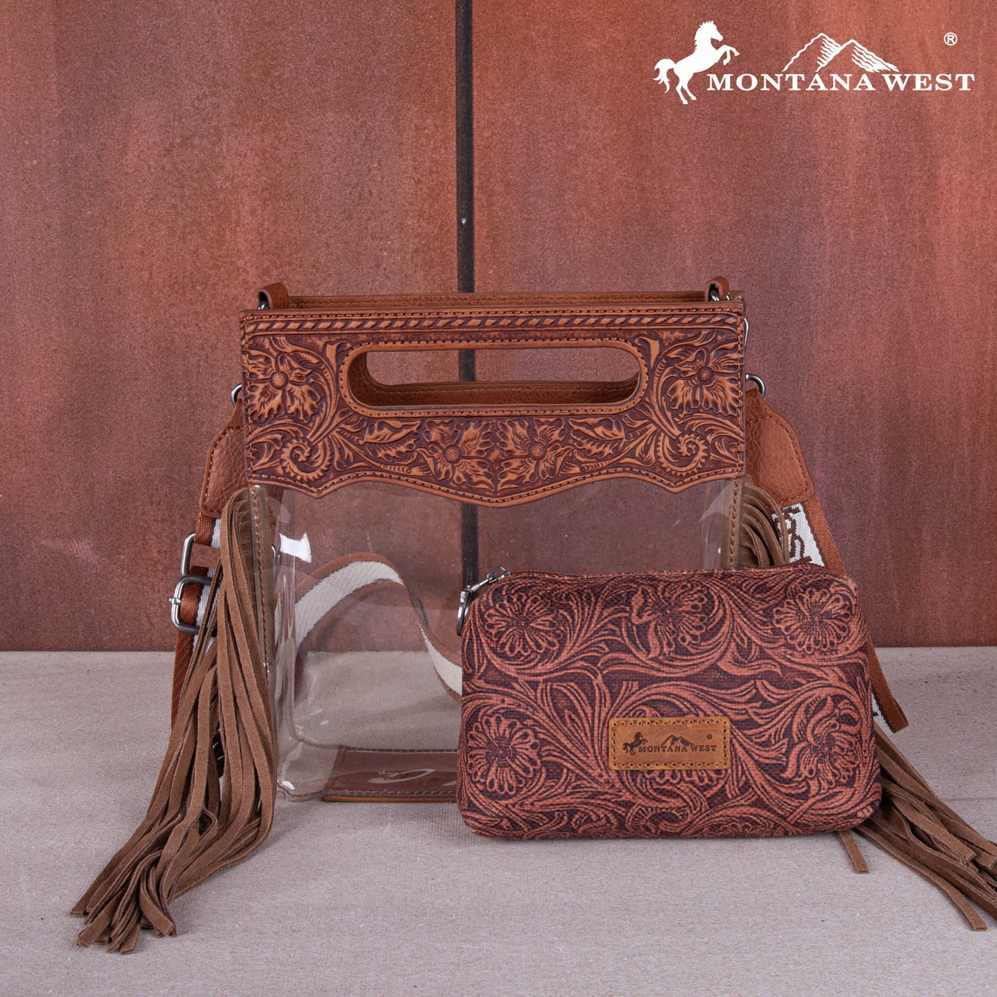 Montana Tooled Leather Clear Stadium Crossbody + Wallet - Brown