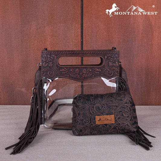 Montana Tooled Leather Clear Stadium Crossbody + Wallet - Coffee