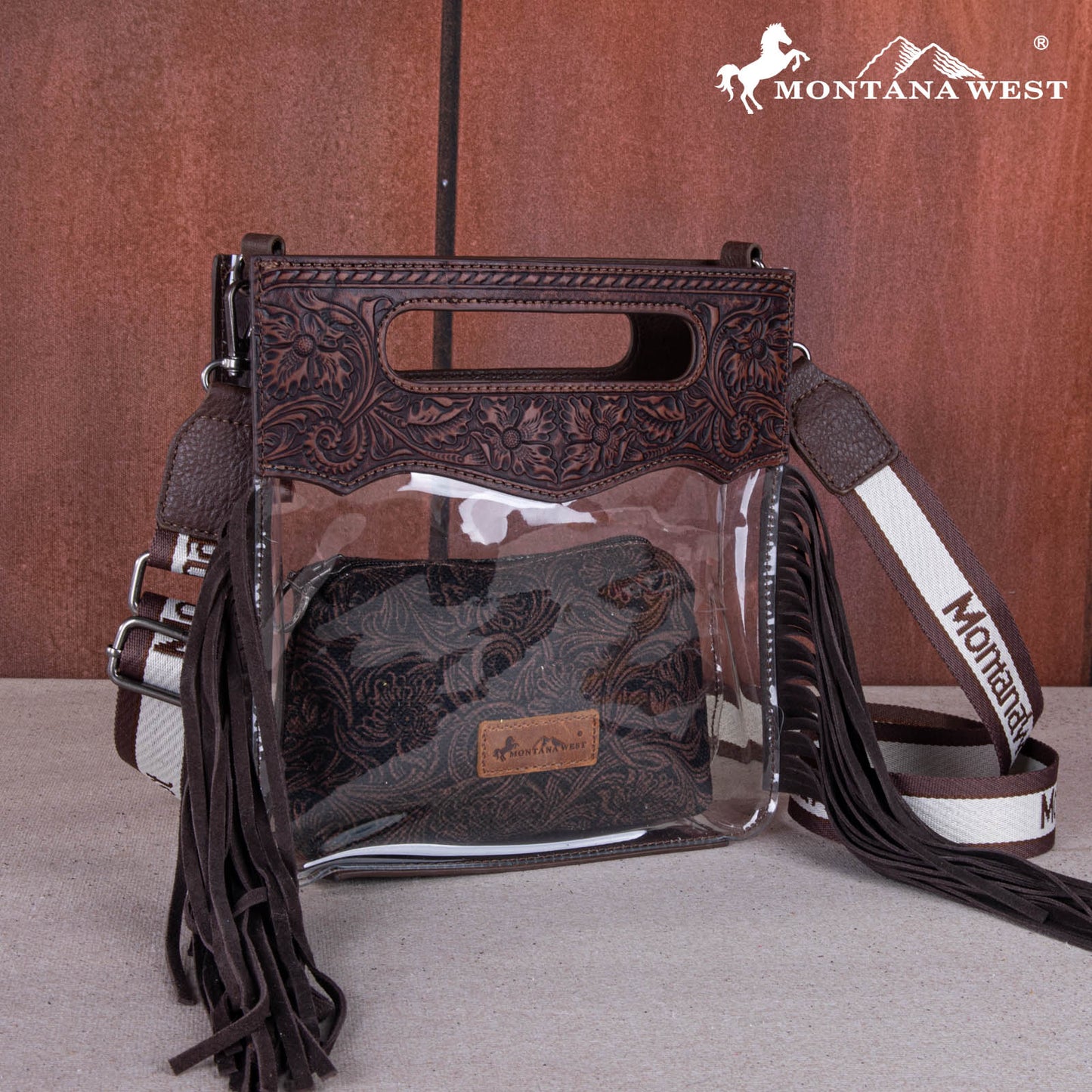 Montana Tooled Leather Clear Stadium Crossbody + Wallet - Coffee