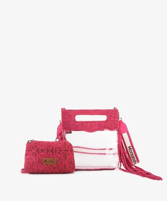 Montana Tooled Leather Clear Stadium Crossbody + Wallet - Hot Pink