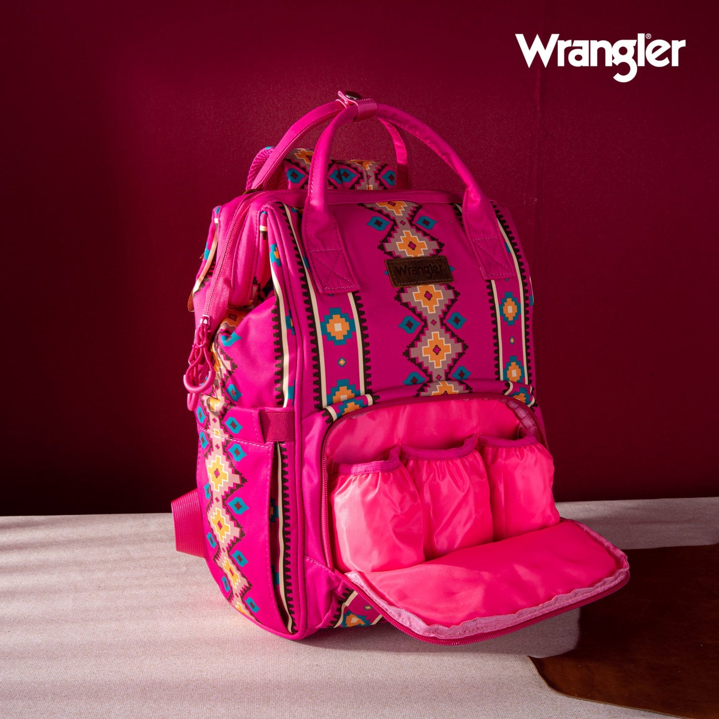 Aztec Hot Pink Wrangler Bag / Diaper Bag - Hot Pink Interior