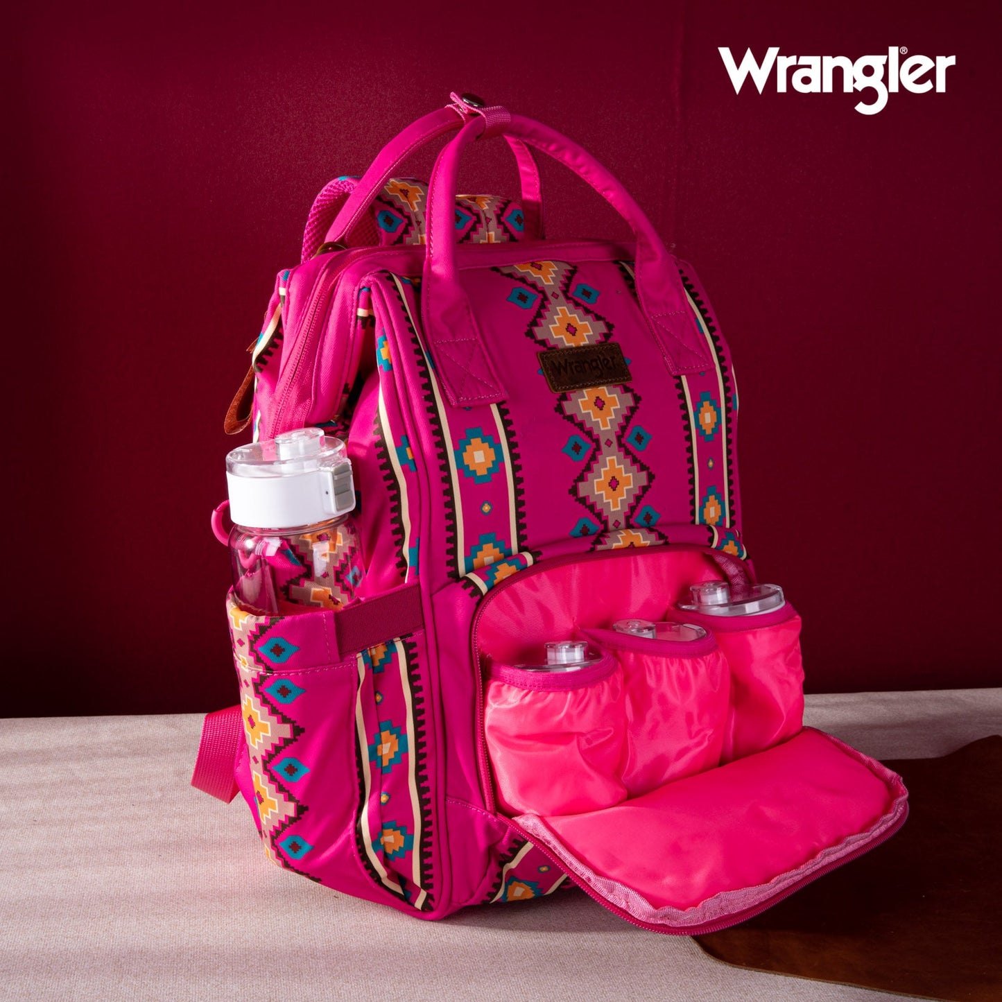 Aztec Hot Pink Wrangler Bag / Diaper Bag - Hot Pink Interior