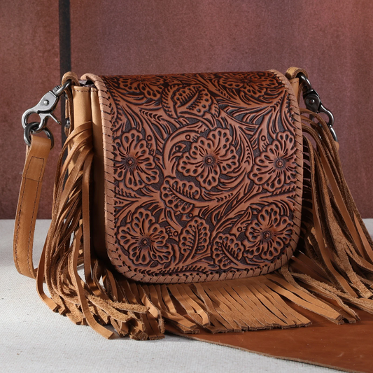 Genuine Leather Tooled Collection Fringe Crossbody Montana West RTS