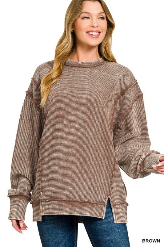 Parker Acid Wash Ribbed Exposed Seam Pullover