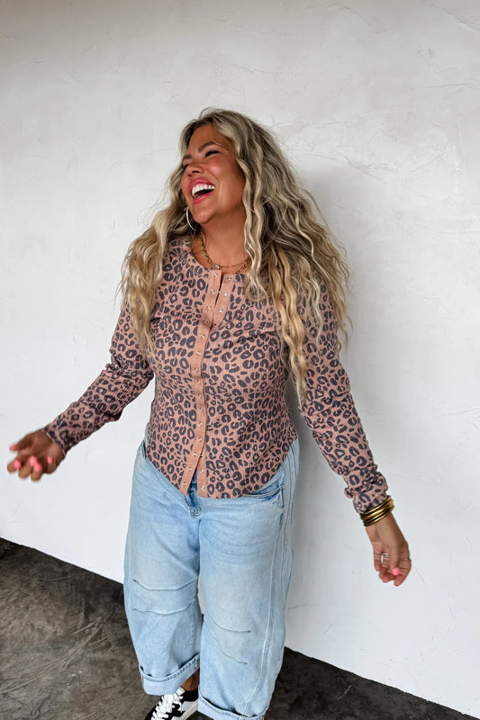 Loretta Leopard Snap Button Waffle Top