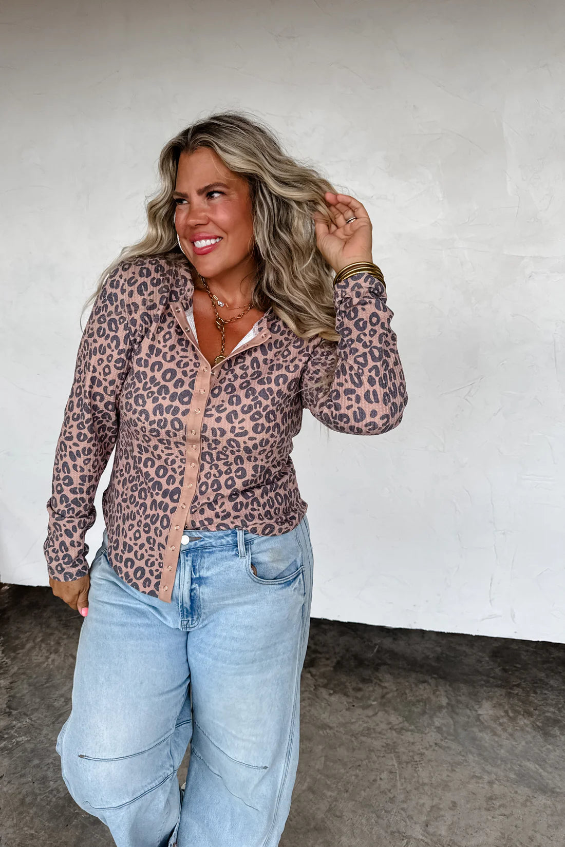 Loretta Leopard Snap Button Waffle Top