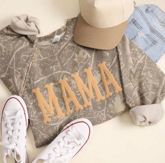 Western Beige Mama Puff Print Camo Crew