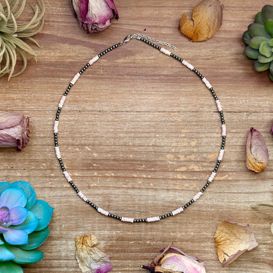 Pink Conch Heishi & 3mm Sterling Silver Pearl Necklace 20 inch