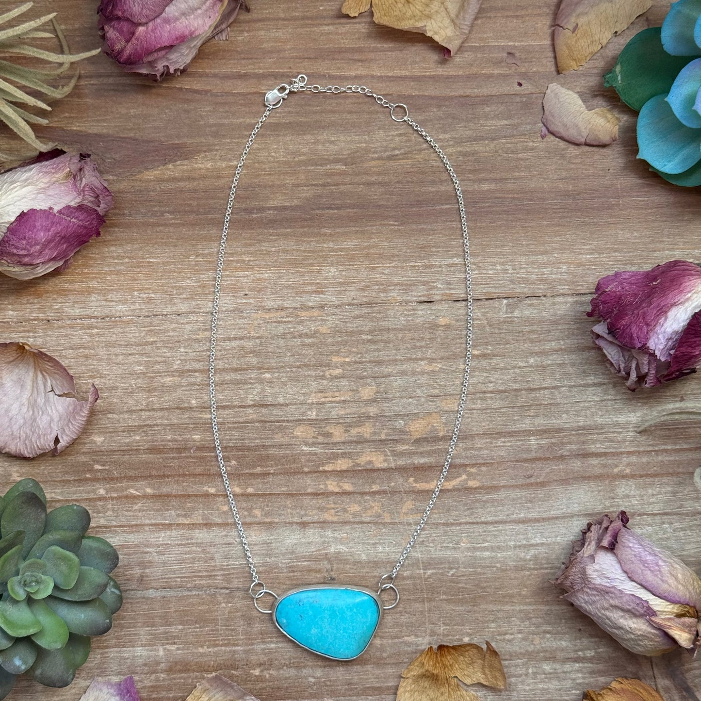 Sterling Silver Chain Necklace with Freeform Turquoise Pendant – 16”