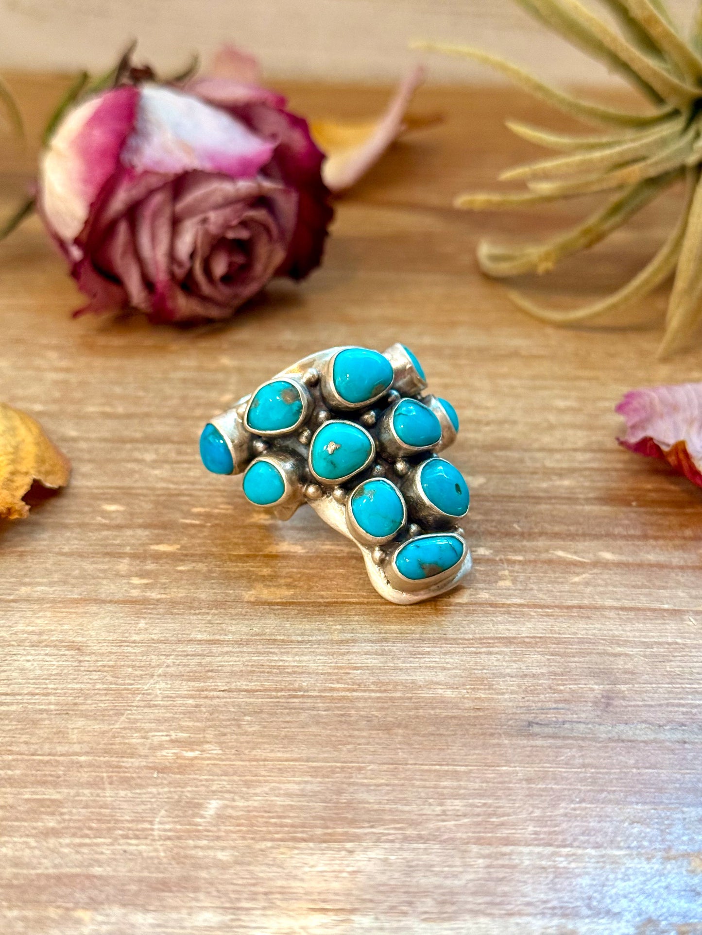 Kingman Turquoise Longhorn Sterling Silver Ring – Adjustable (Fits 8+)