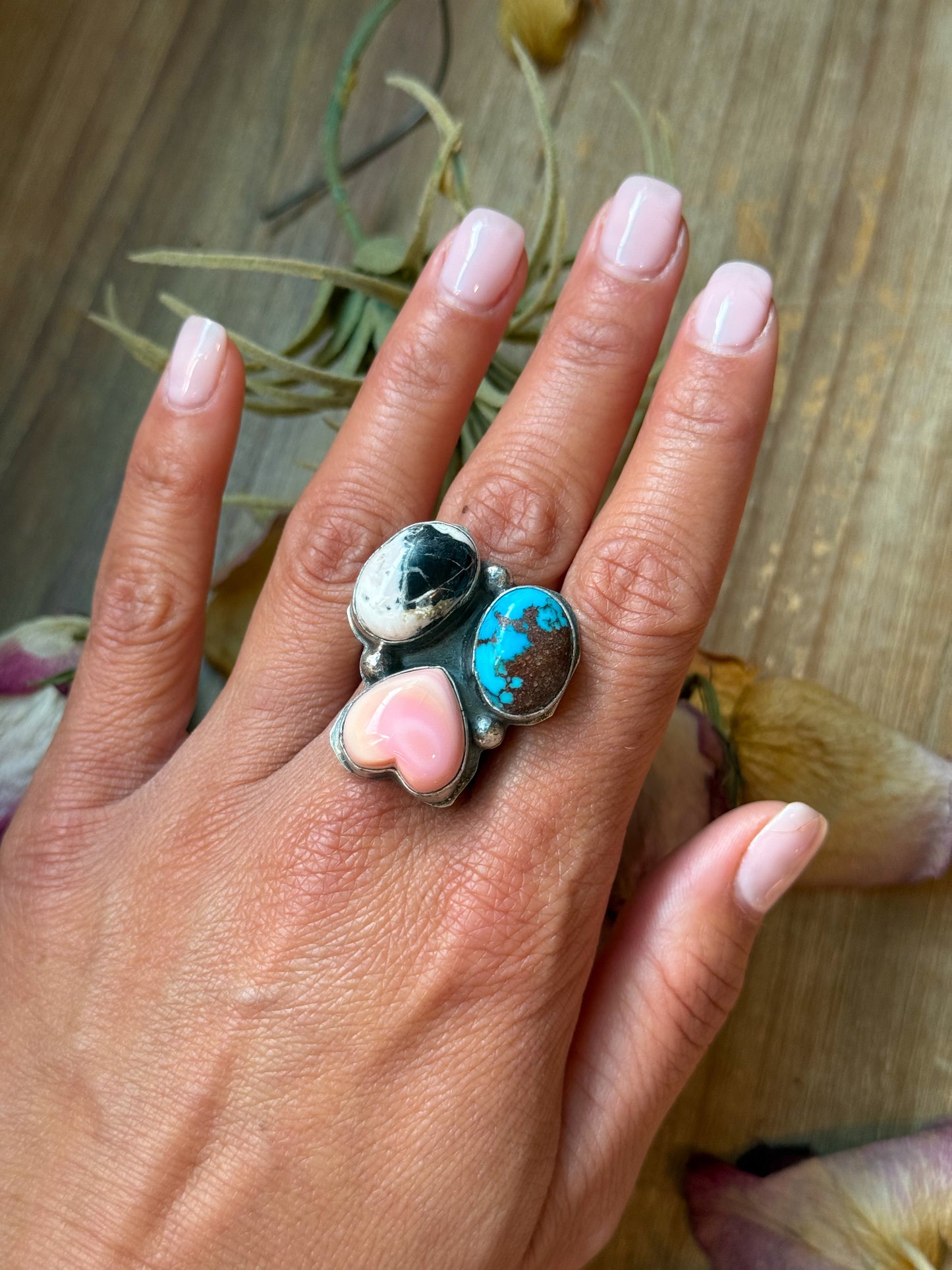 Pink Conch, Kingman Turquoise & White Buffalo Sterling Silver Ring – Adjustable (Size 9+)