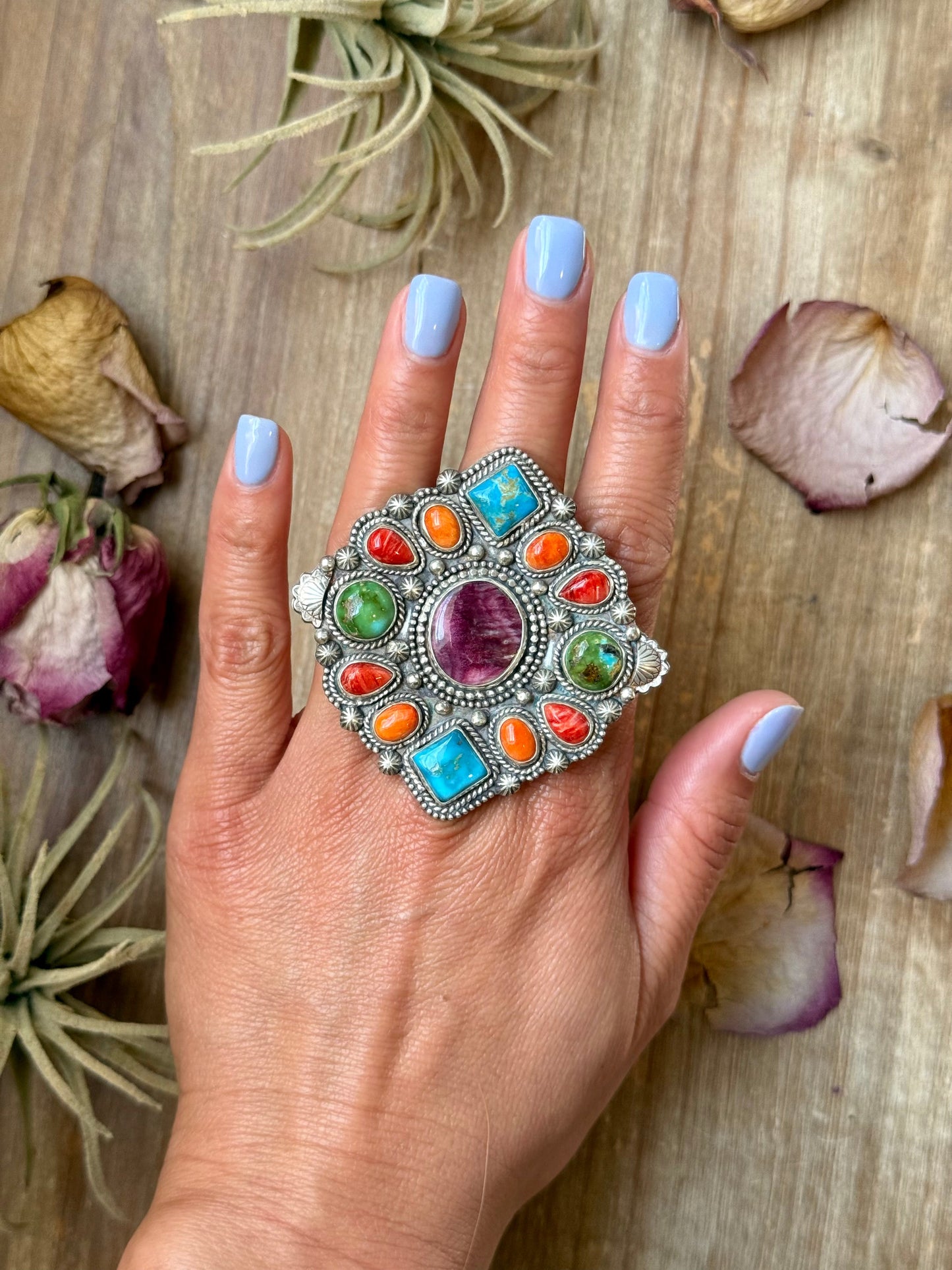Mosaic Cluster Ring – Sterling Silver – Sonoran Mountain, Blue Ridge Turquoise & Spiny Oyster – Size 9 – Artist Shay Pfeiffer