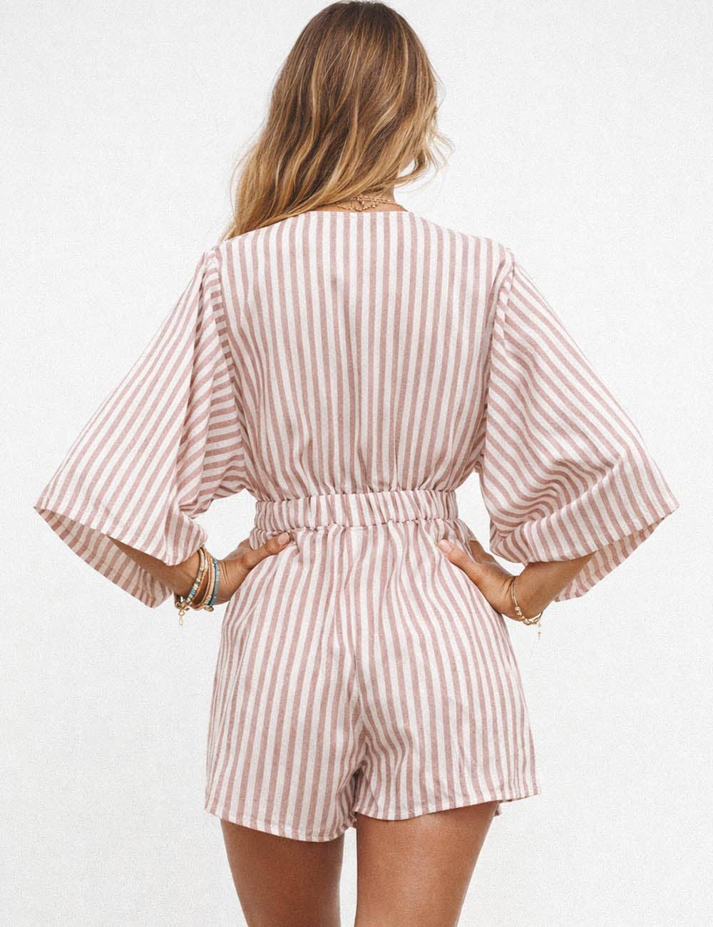 Striped V-Neck Tie The Knot 3/4 Sleeve Romper