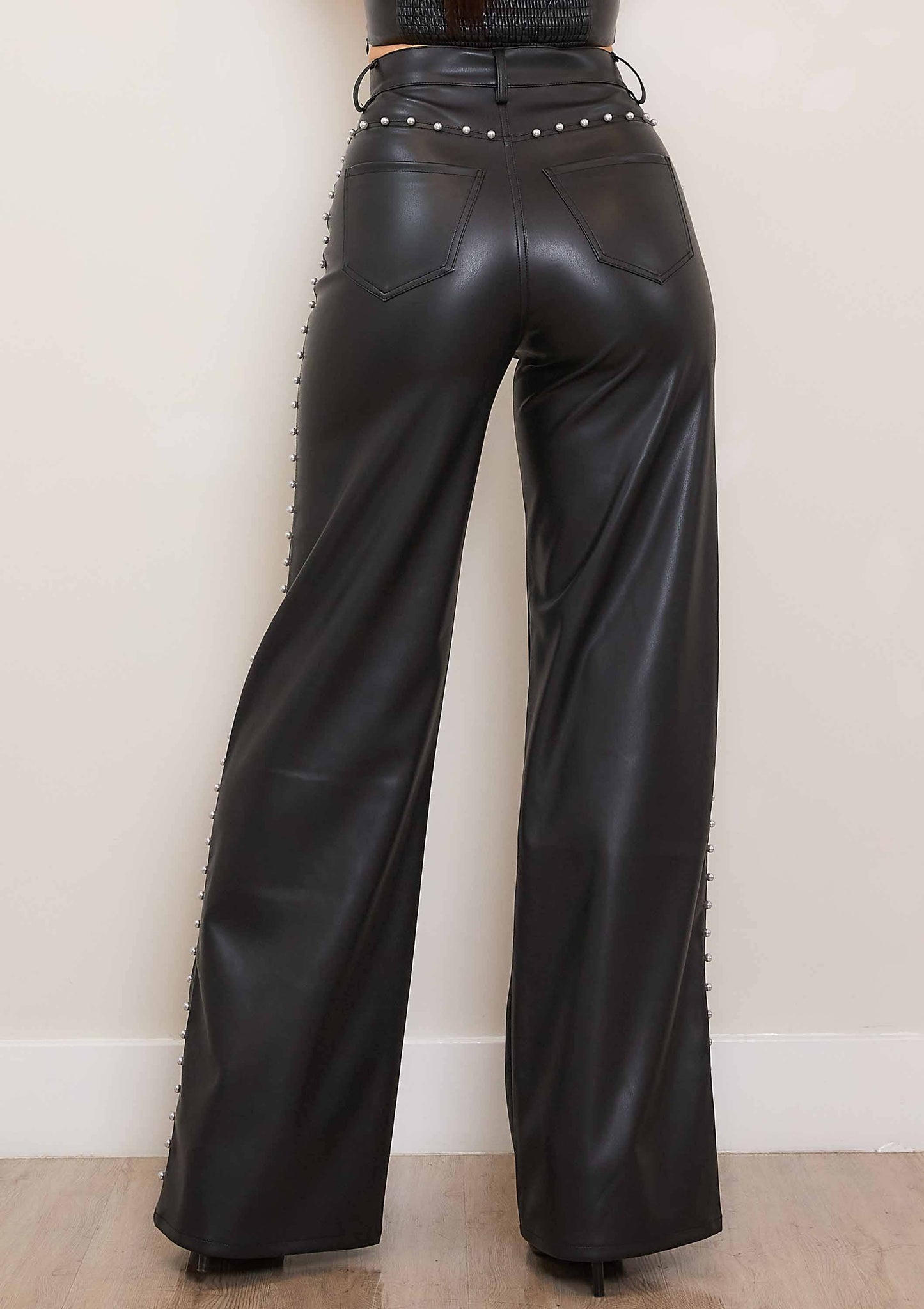 Concert Baddie Vegan Leather Wide Leg Pants With Pearl