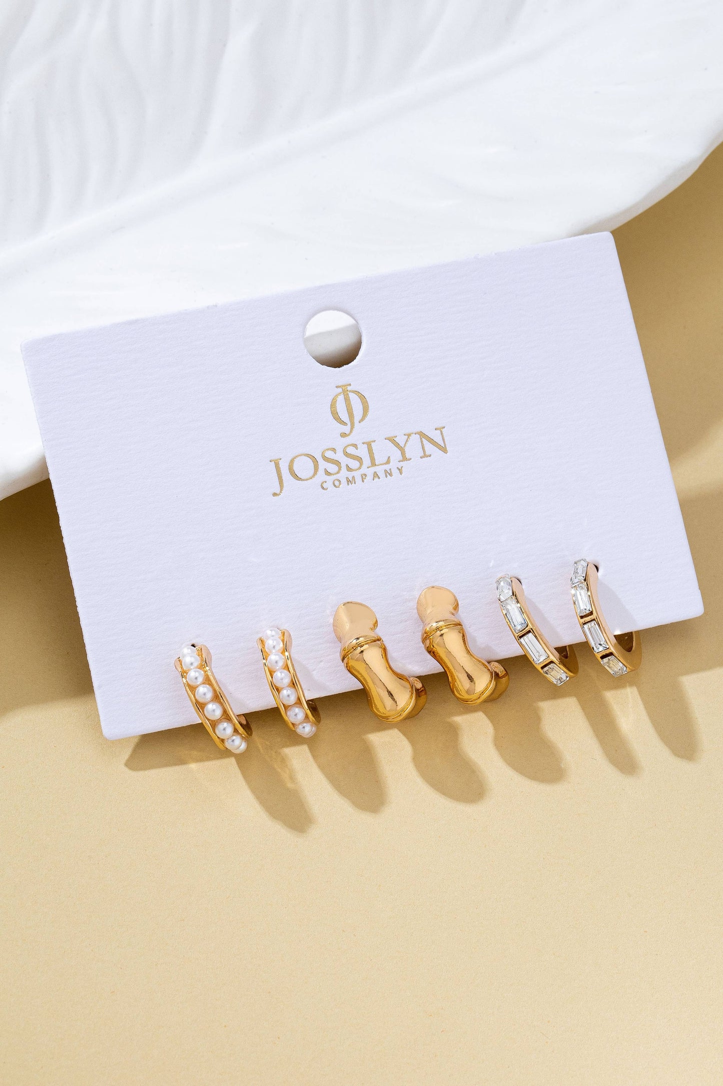 Pearl Rhinestone + Gold Bamboo Multi Hoop Trio Earrings