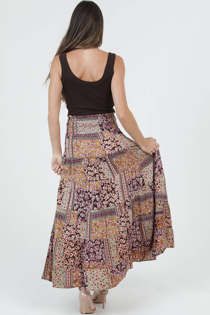 Tiered Bonnie Floral Patchwork Skirt w/Smocked Waistband