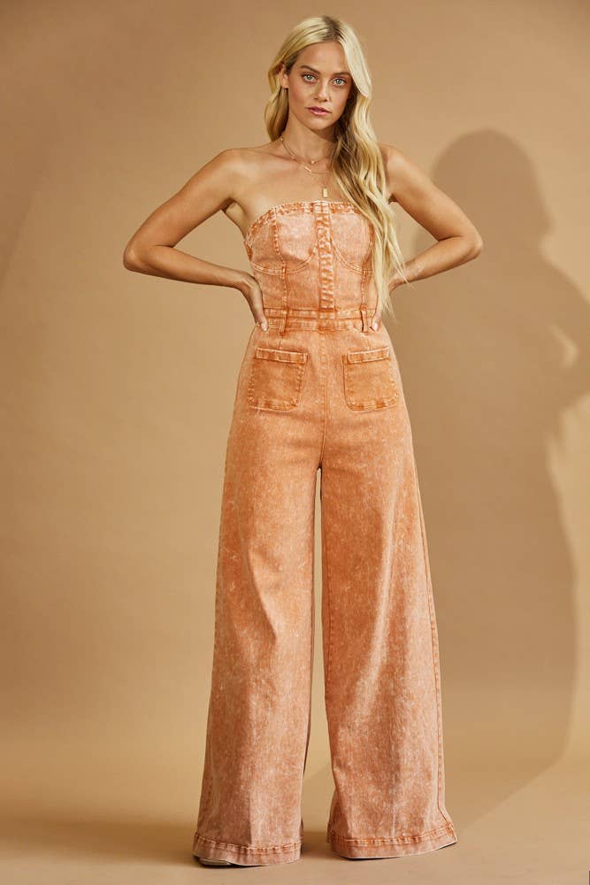 Boho Stone Wash Wide Leg Denim Jumpsuit