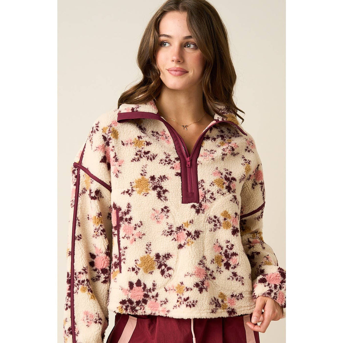Floral Half-Zip Contrast Fleece Pullover