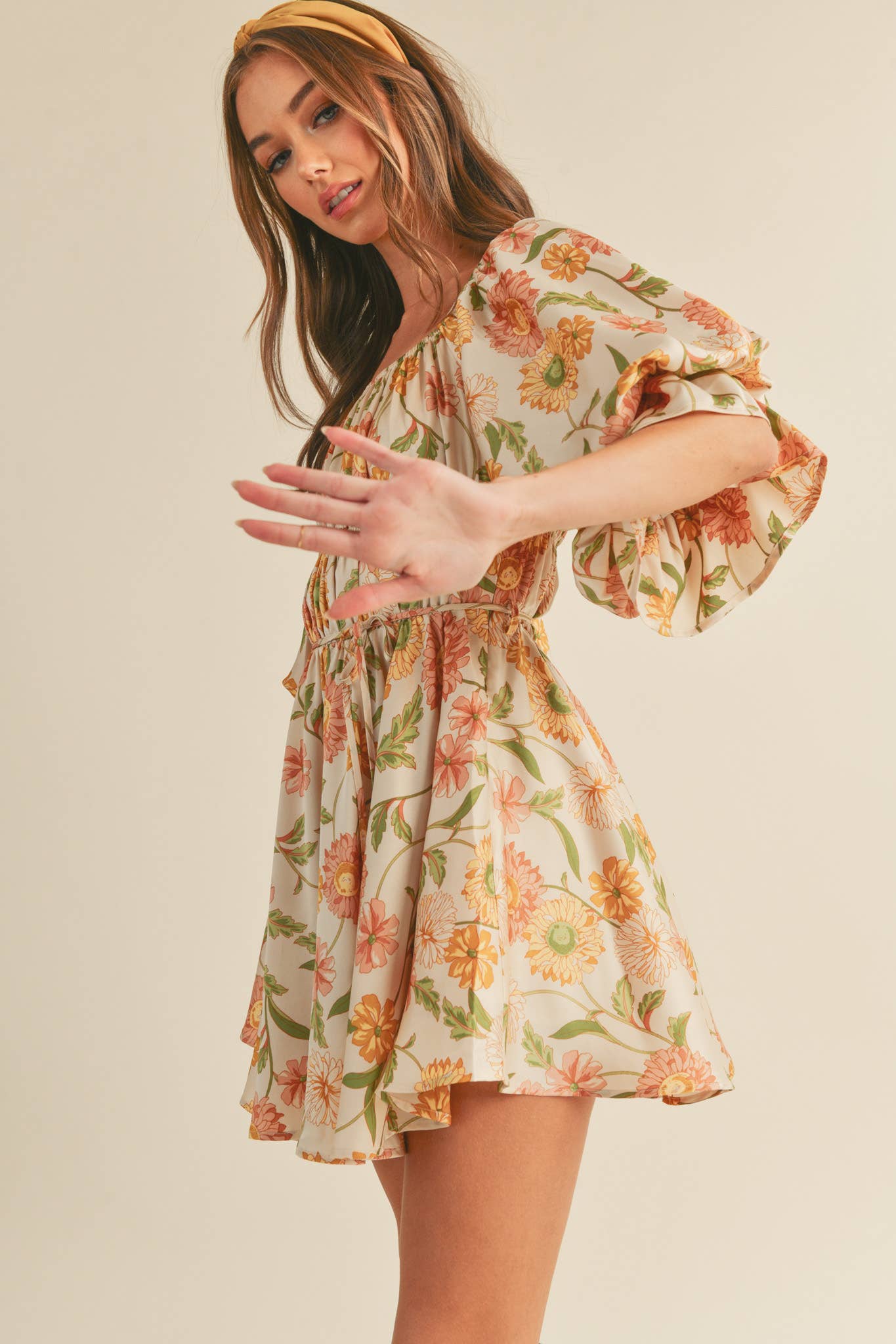 Eleighny Exclusive Satin Vintage Floral Bubble Sleeve Mini Dress
