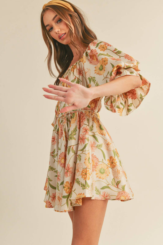 Eleighny Exclusive Satin Vintage Floral Bubble Sleeve Mini Dress