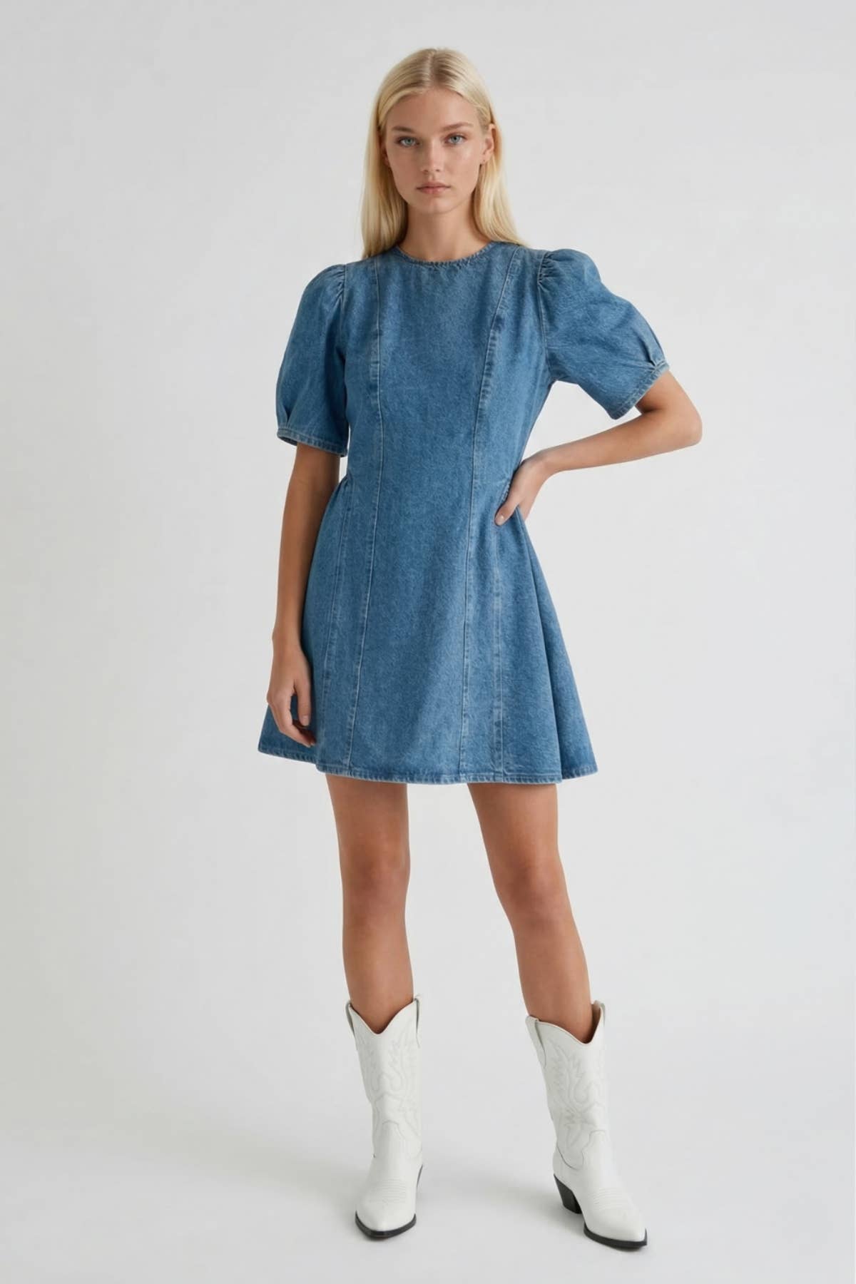 Rigidity Anne Denim A-Line Mini Dress Tie Detail