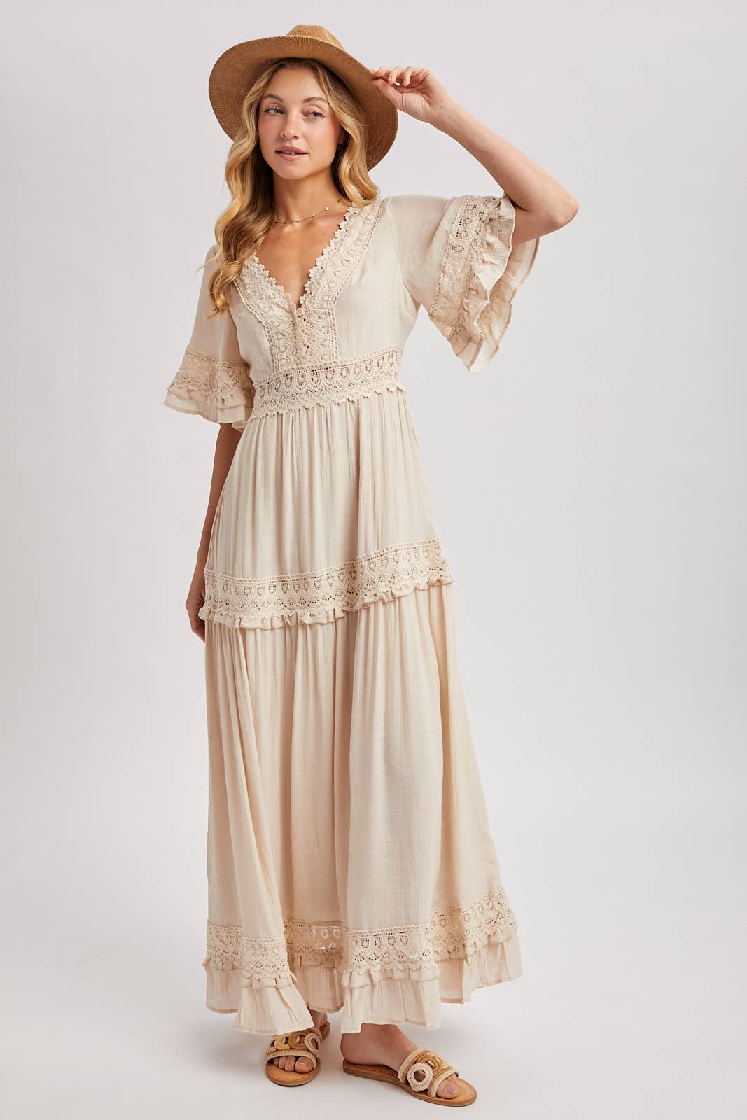 Ava V-Neck Lace Trim Maxi Dress