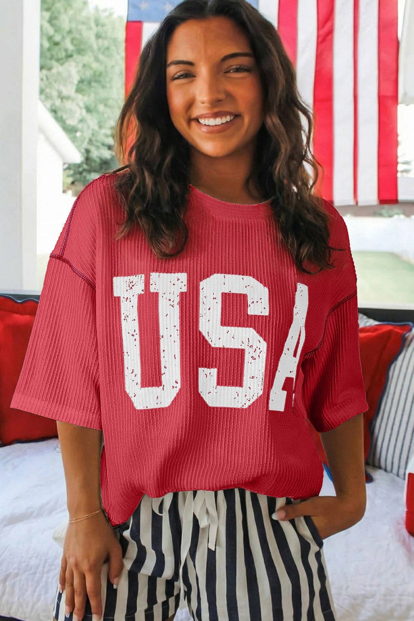 USA Ribbed Graphic Top Loose Fit Flag Day July 4th