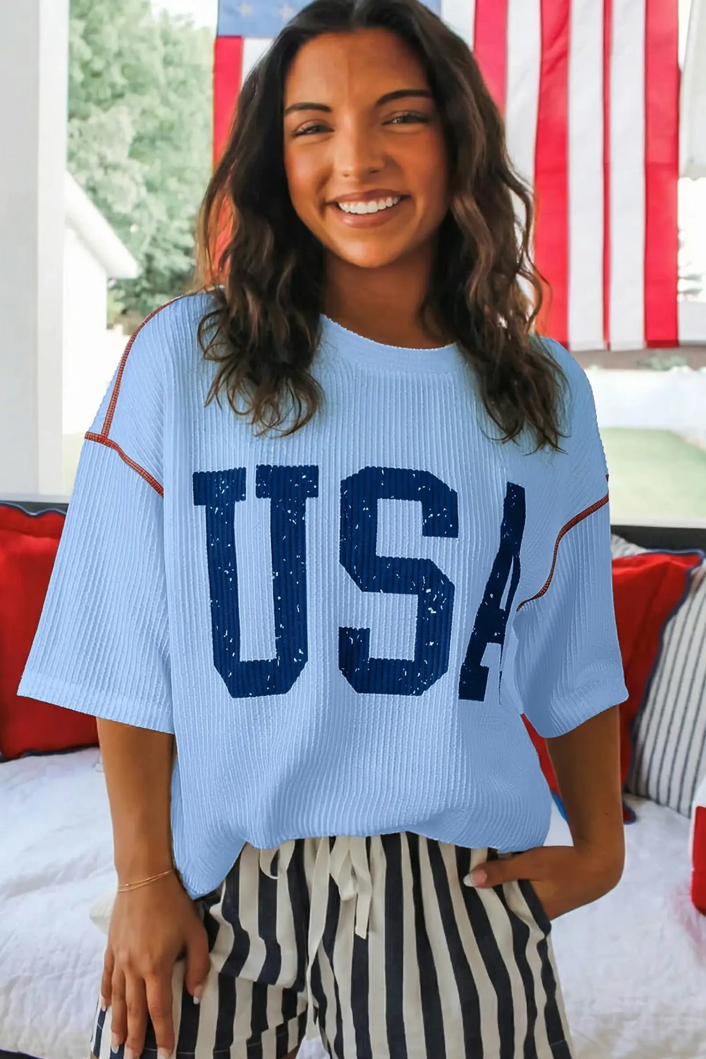 USA Ribbed Graphic Top Loose Fit Flag Day July 4th