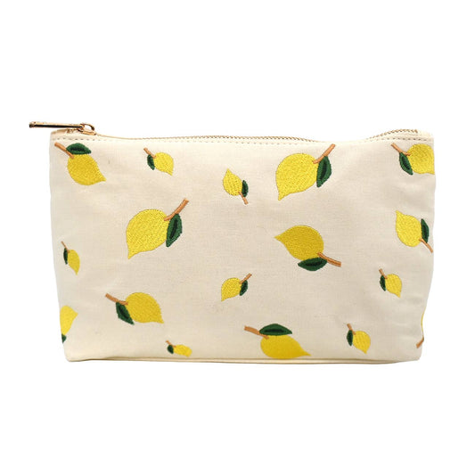 Lemon Embroidered Cotton Cosmetic Pouch