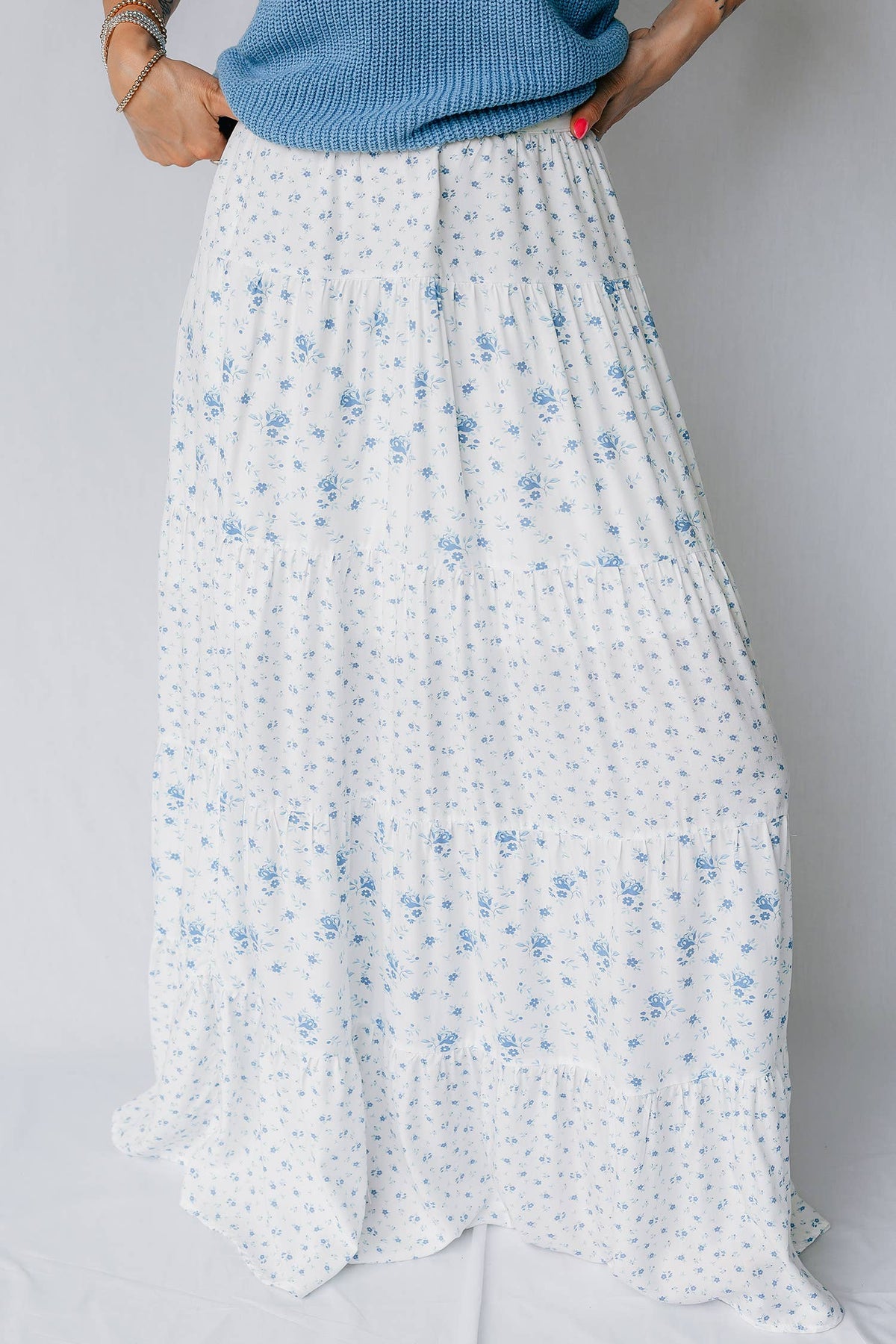 Hampton High Waist Delicate Blue Floral Boho Maxi Skirt