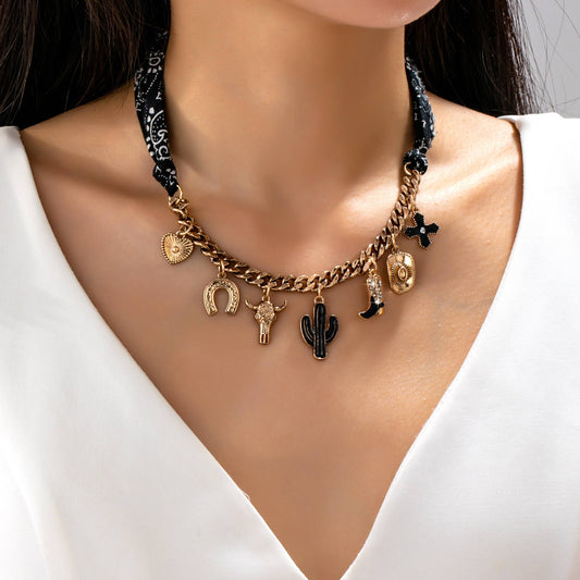 Gold Wild Chunky Chain Necklace + Black Paisley Bandana