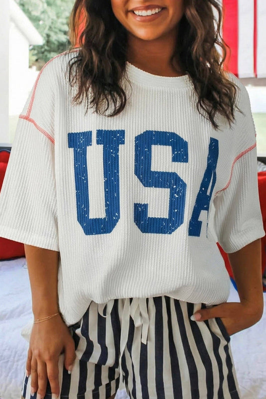 USA Ribbed Graphic Top Loose Fit Flag Day July 4th