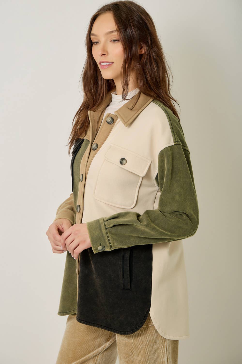 Olive Color Block Washed Shacket